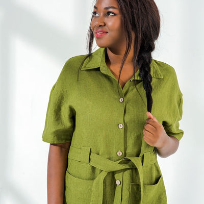 Button Front Linen Tunic Dress