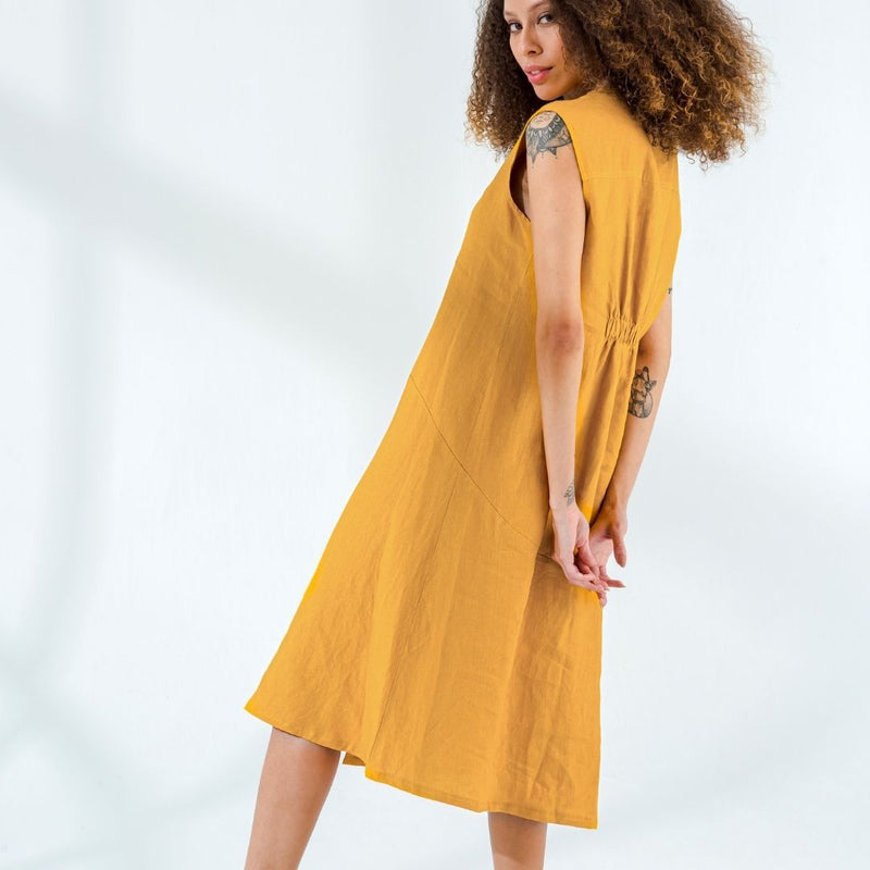 Elastic Back Linen Flax Dress