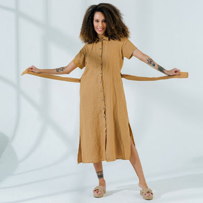 Linen Midi Dress with Belt