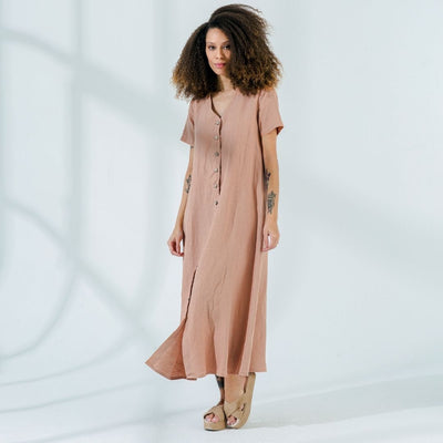 Short Sleeve Elastic Back Linen Dress