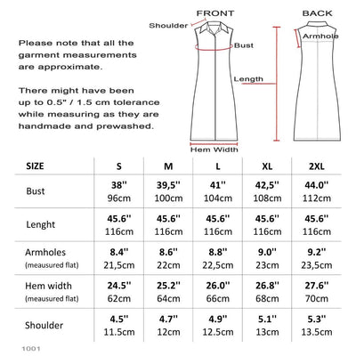 Size Chart For Sleeveless Linen Dress