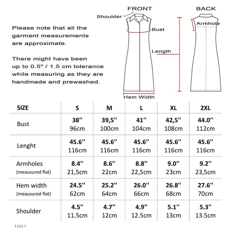 Size Chart For Sleeveless Linen Dress